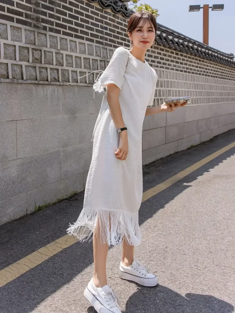 DAZY ジップバック フリンジ裾 ツイード ドレス