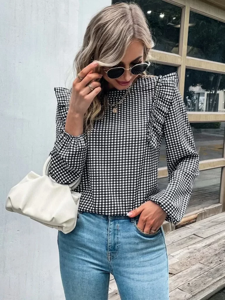 ギンガムプリント フリルトリム ランタンスリーブ ブラウス